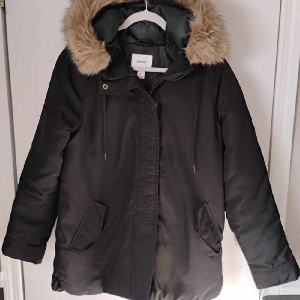 Old Navy Black Puffer Jacket with Faux Fur Hood